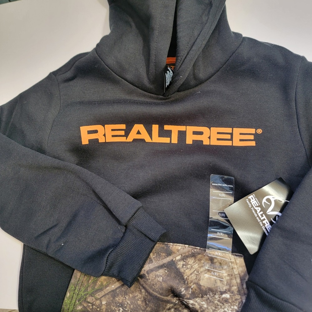 Realtree Boys Black Hoodie Camo Pocket Orange Logo Pullover Sweatshirt Size‎ S 8
